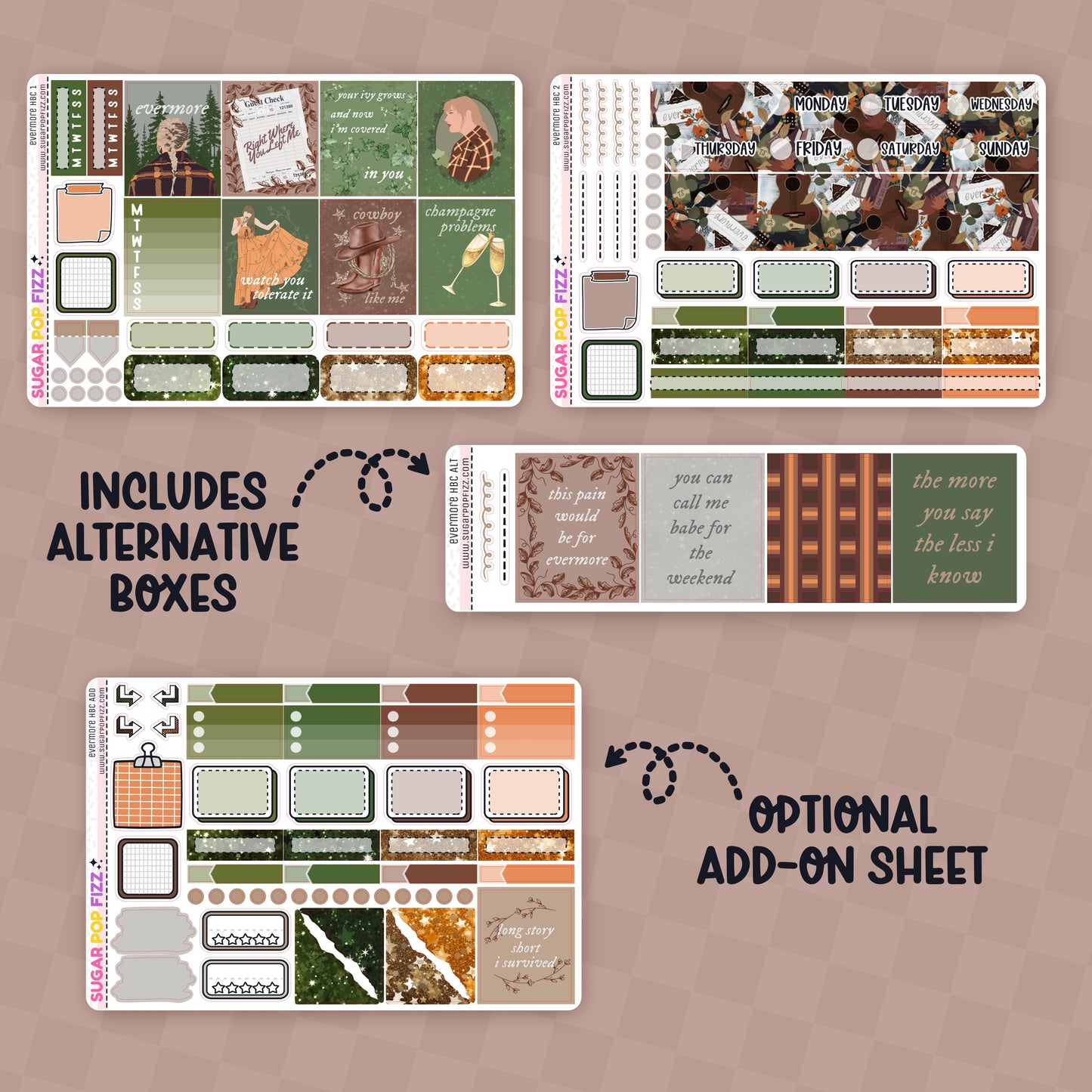 Collection of decorative planner stickers with various designs themed around taylor swift's evermore album on a beige background.  Text that reads "includes alternative boxes" and "optional add on sheet". 