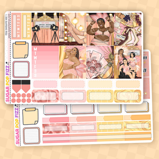 Sticker sheet with various designs and text on a beige background