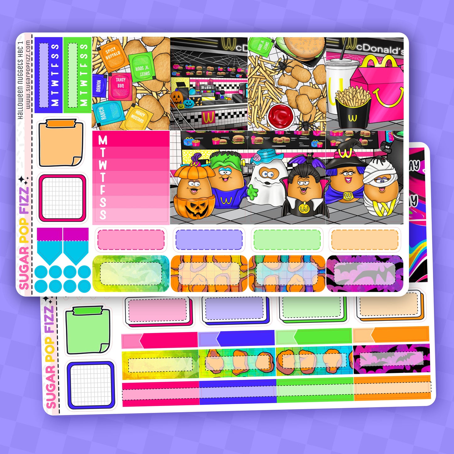 Collection of colorful planner stickers on a purple background