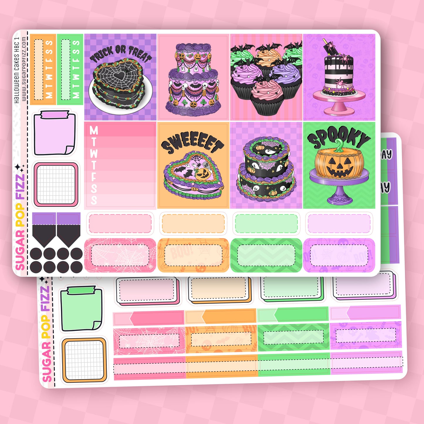Halloween-themed planner stickers with cakes and text on a pink background
