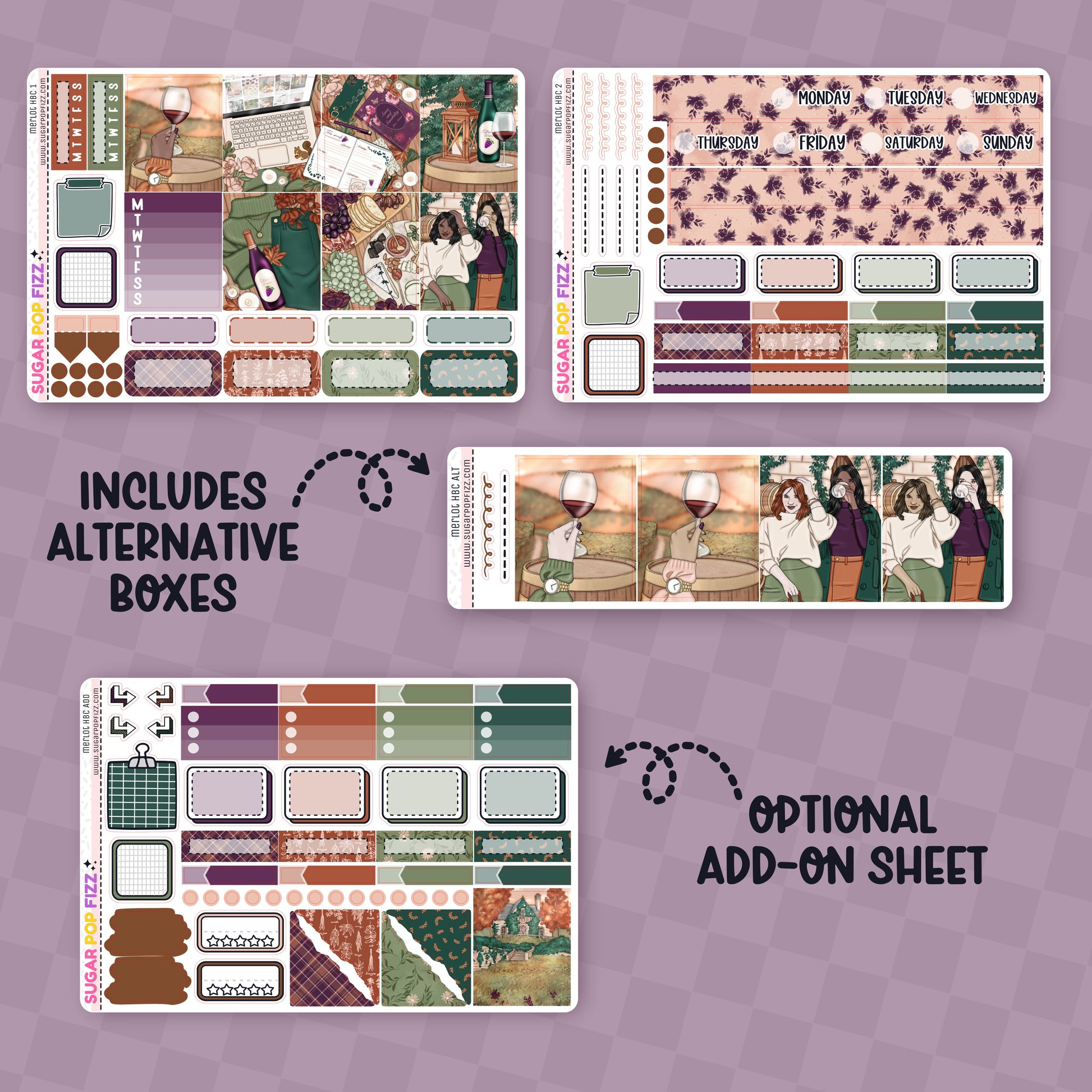 Collection of planner stickers with alternative boxes and add-on sheet on a purple background