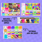Collection of colorful planner stickers with alternative boxes and add-on sheet on a purple background