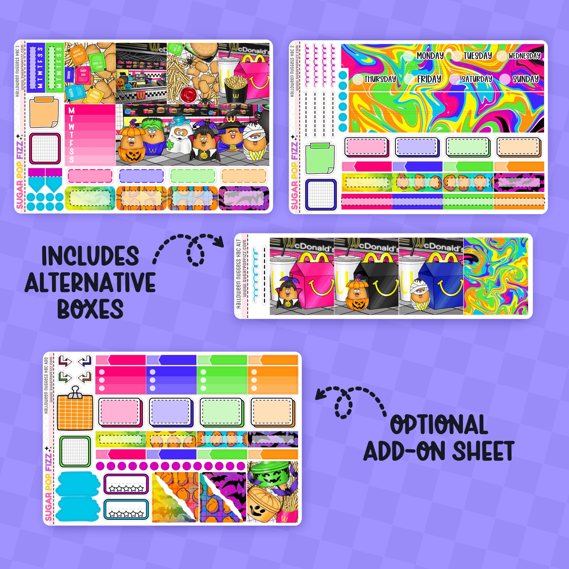 Collection of colorful planner stickers with alternative boxes and add-on sheet on a purple background