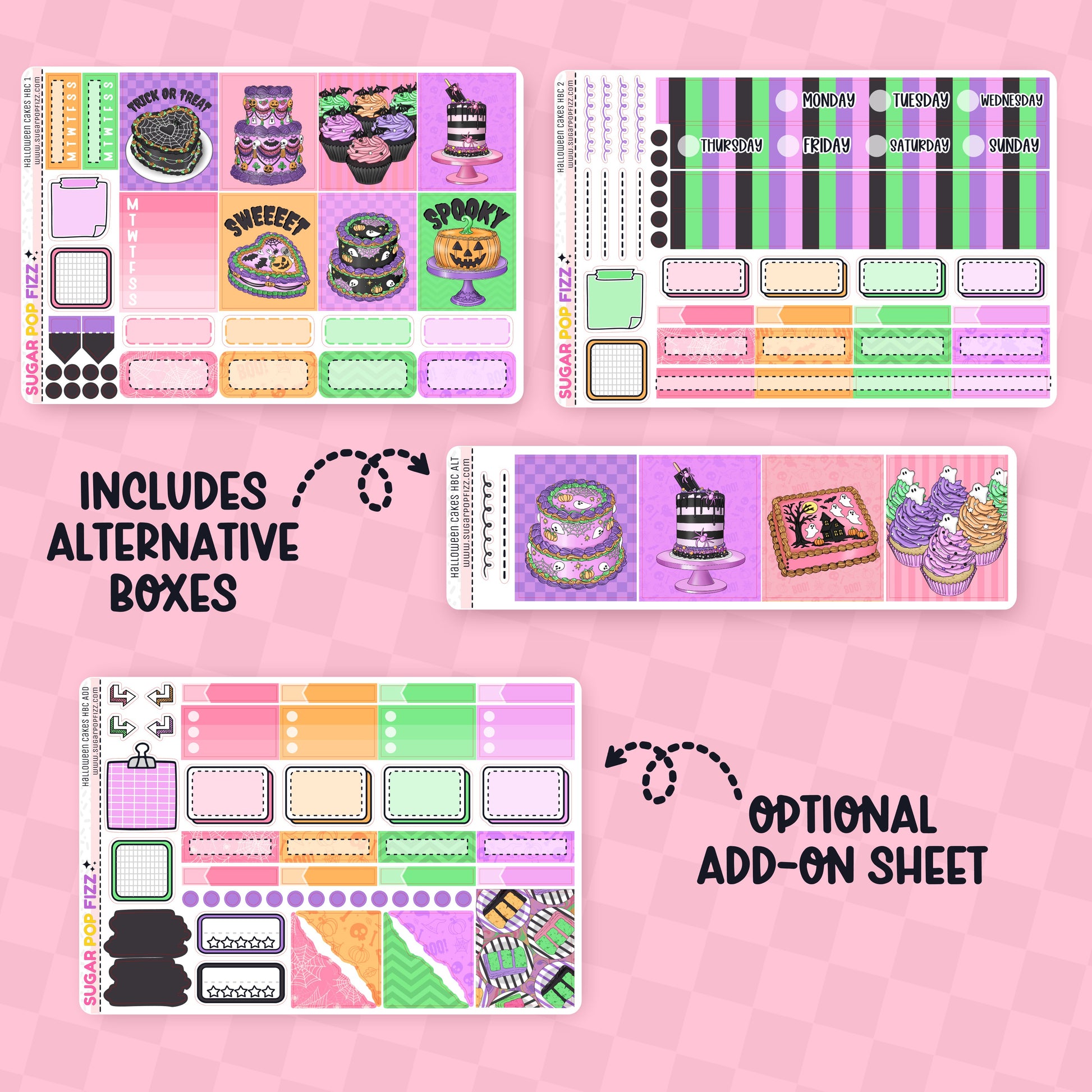 Collection of planner stickers with alternative boxes and an add-on sheet on a pink background