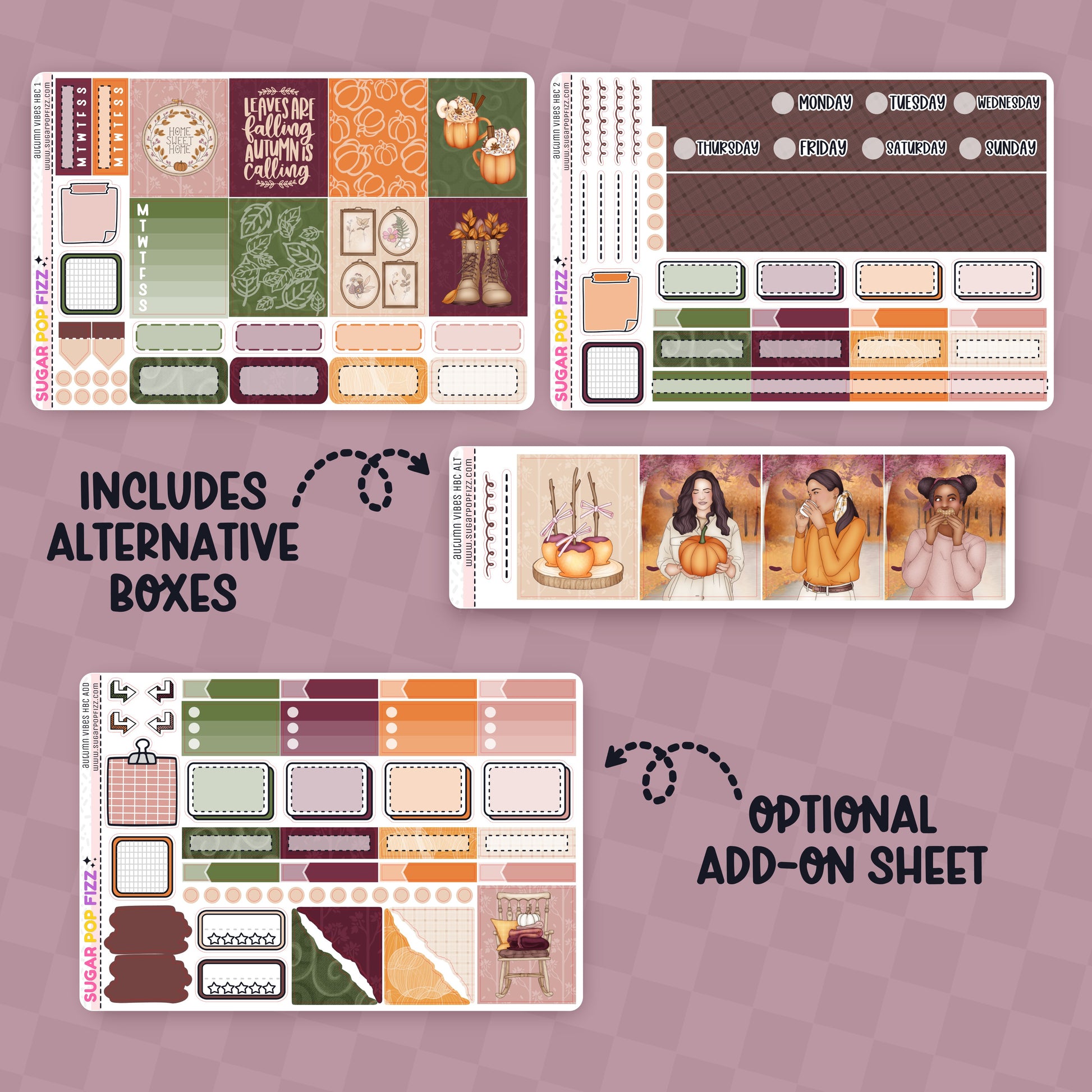 Collection of planner stickers with various designs on a purple background