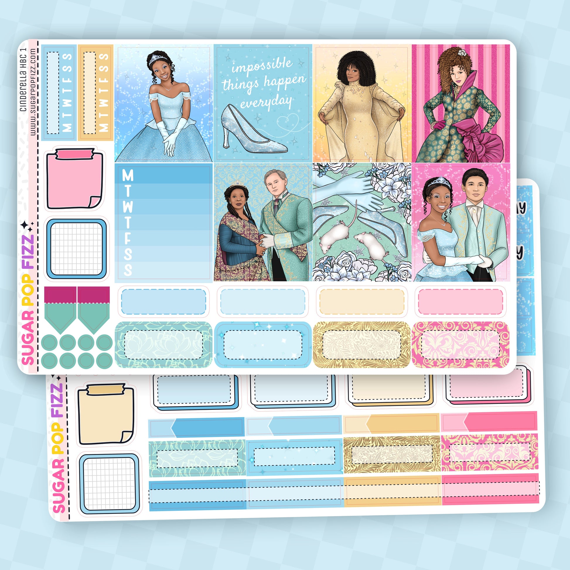 Collection of decorative planner stickers with various designs themed around tthe movie cinderella with brandy and whitney houston on a blue background. Stickers include functional and decorative full box stickers