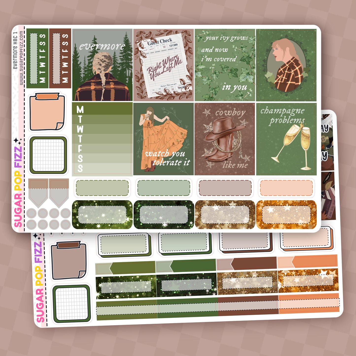 Collection of decorative planner stickers with various designs themed around taylor swift's evermore album on a beige background. Stickers include functional and decorative full box stickers