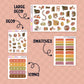 Collection of planner stickers including large deco, swatches, and icons on a pink background.