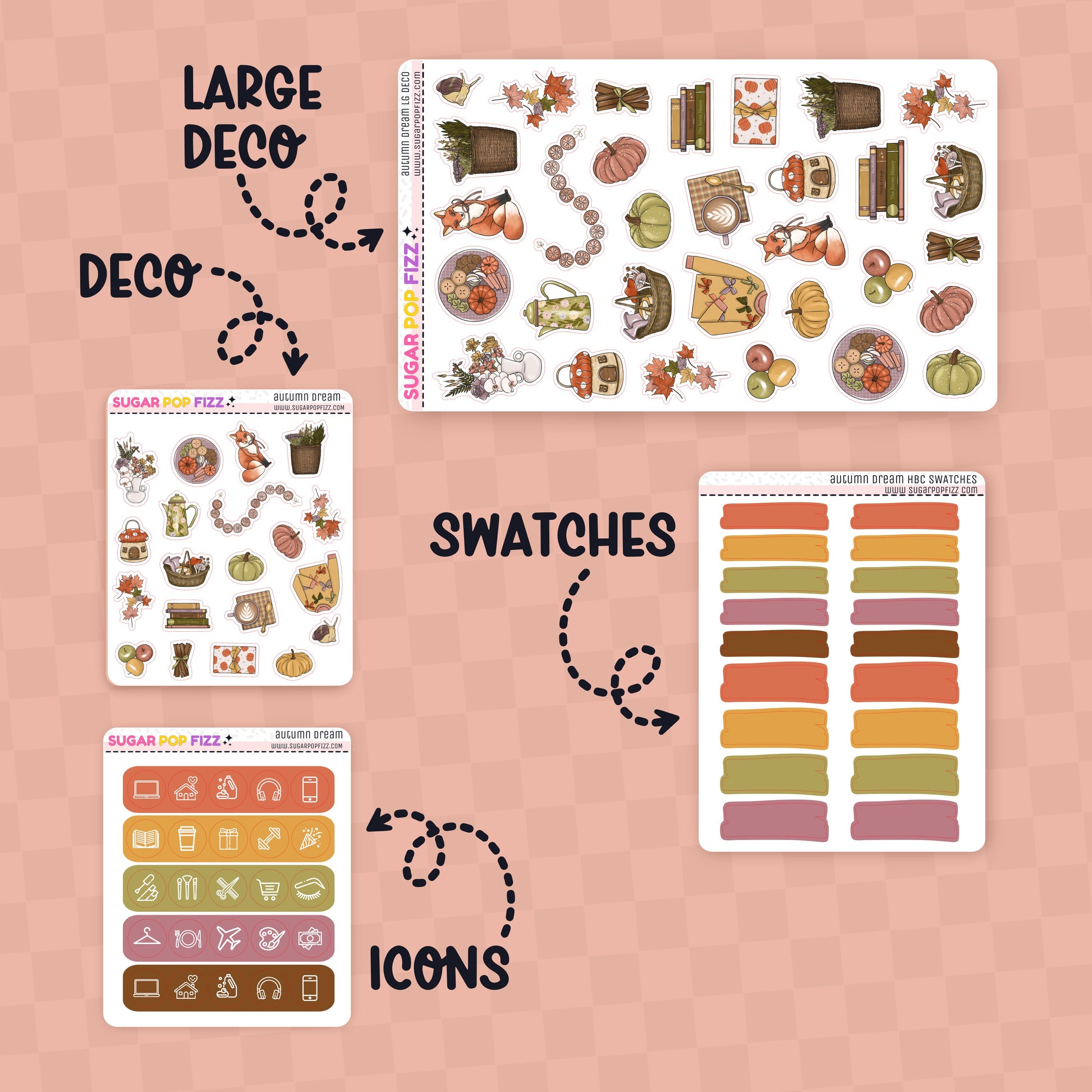 Collection of planner stickers including large deco, swatches, and icons on a pink background.