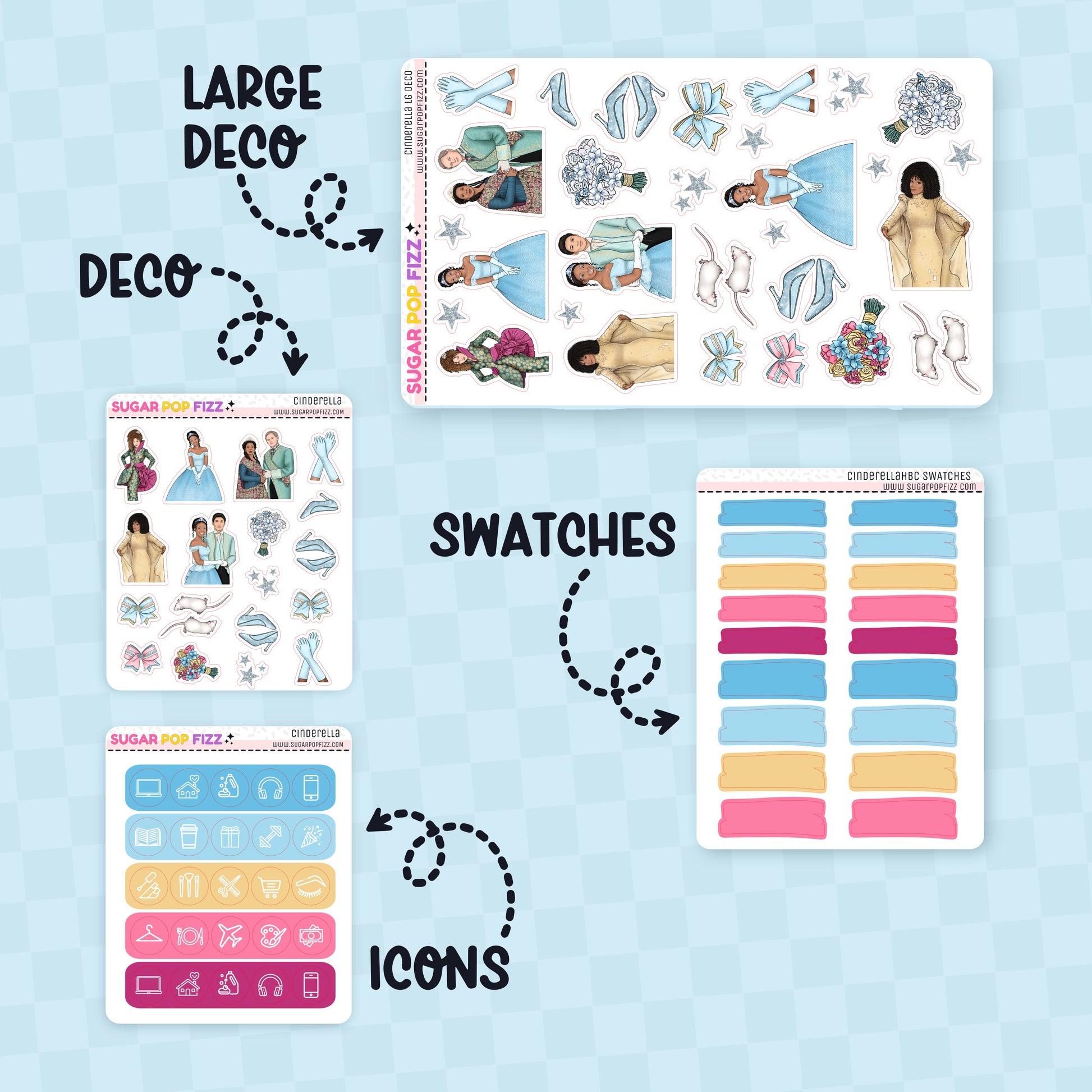 Collection of planner stickers with labels for large deco, deco, swatches, and icons on a brown background themed around the movie cinderella with brandy and whitney houston