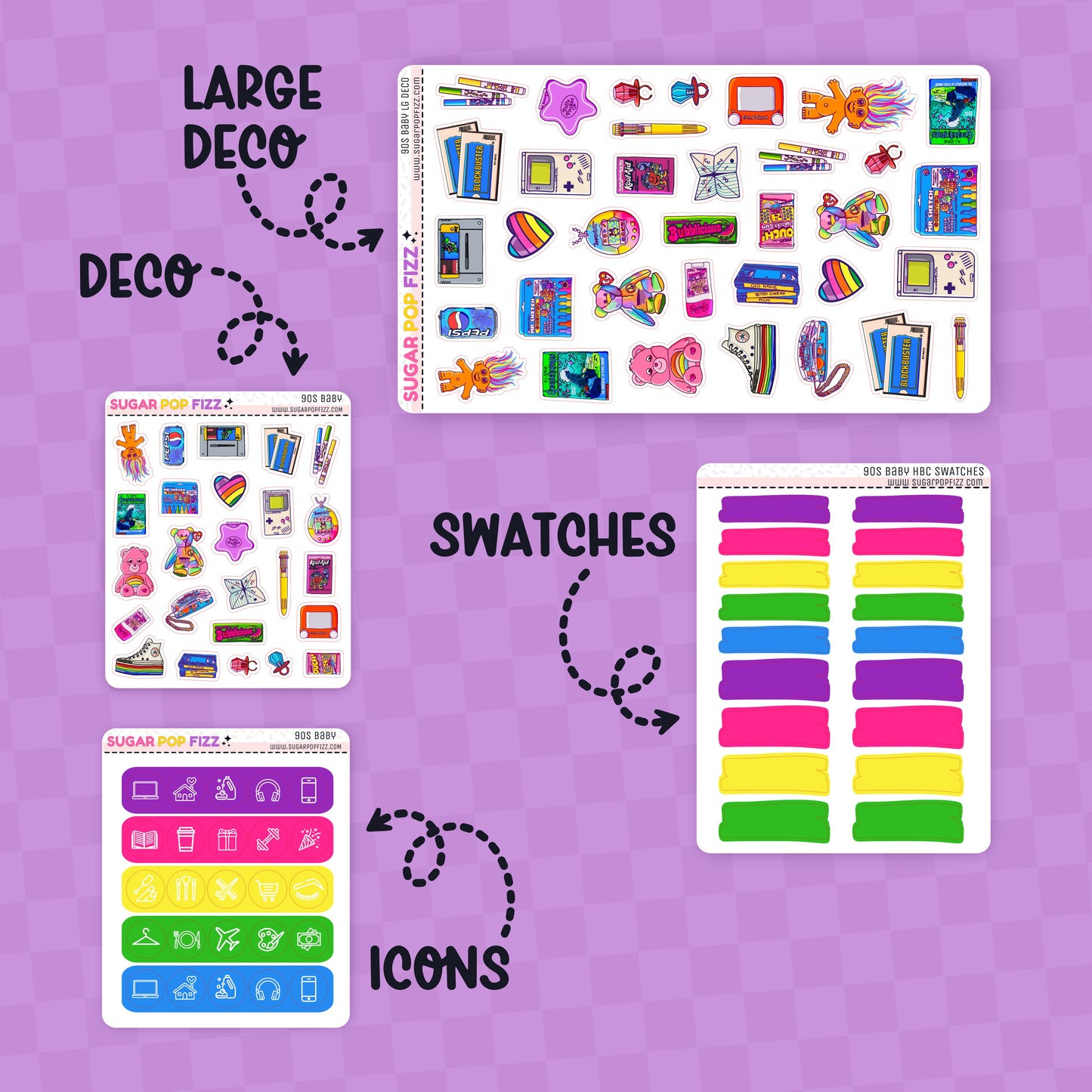 Collection of colorful stickers on a purple background with labels for 'Large Deco', 'Swatches', and 'Icons'.