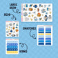 Collection of planner stickers with labels for large deco, swatches, and icons on a blue background.
