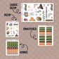 Collection of planner stickers with labels for large deco, deco, swatches, and icons on a brown background themed around taylor swift's evermore album.