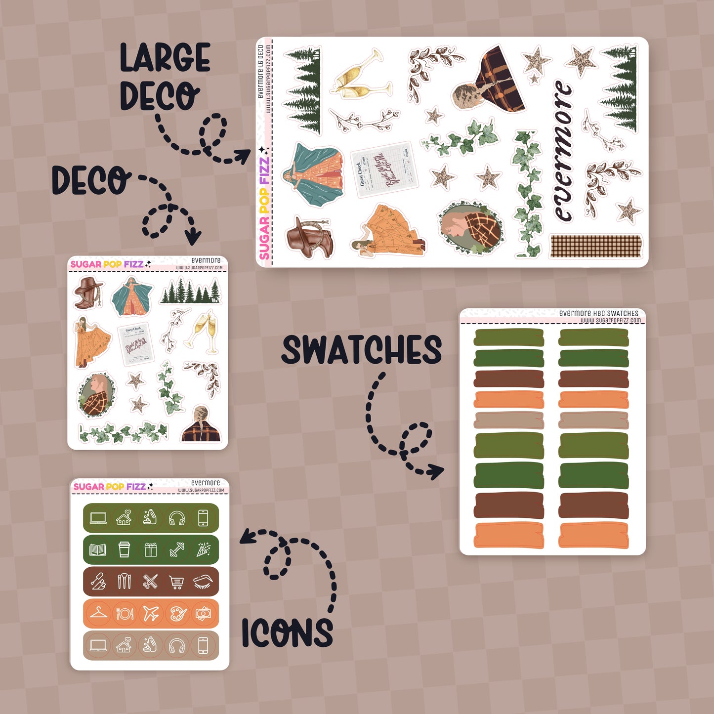 Collection of planner stickers with labels for large deco, deco, swatches, and icons on a brown background themed around taylor swift's evermore album.