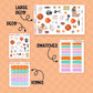 Collection of planner stickers with labels for large deco, swatches, icons on a peach background.