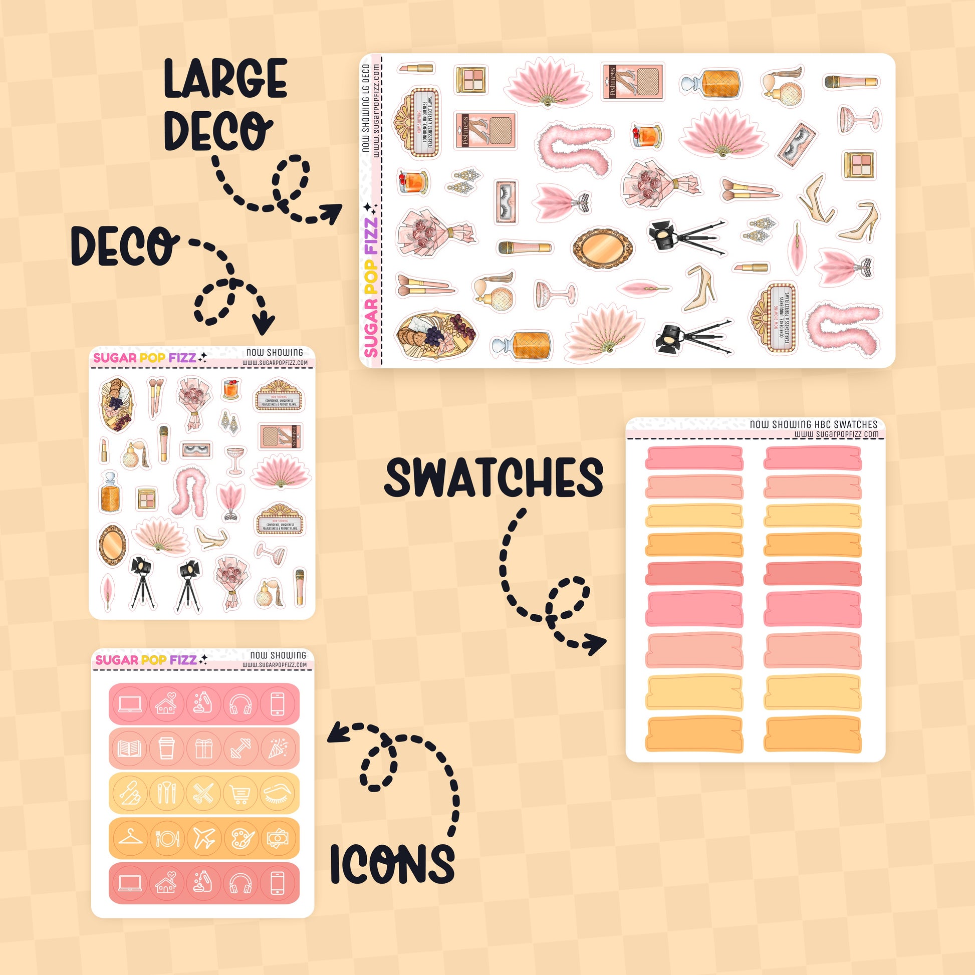 Collection of planner stickers with labels for large deco, swatches, and icons on a beige background.