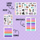 Collection of planner stickers with labels on a purple background