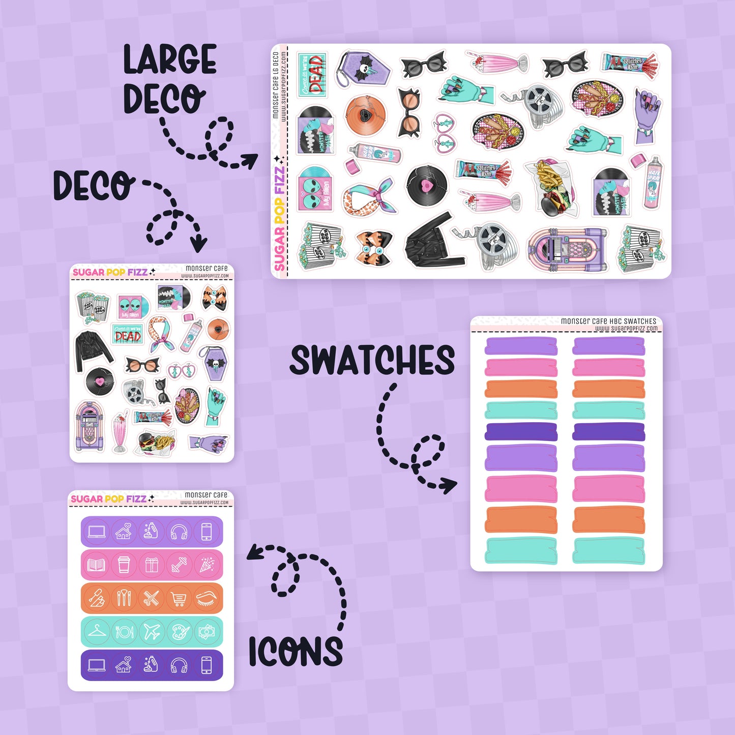 Collection of planner stickers with labels on a purple background