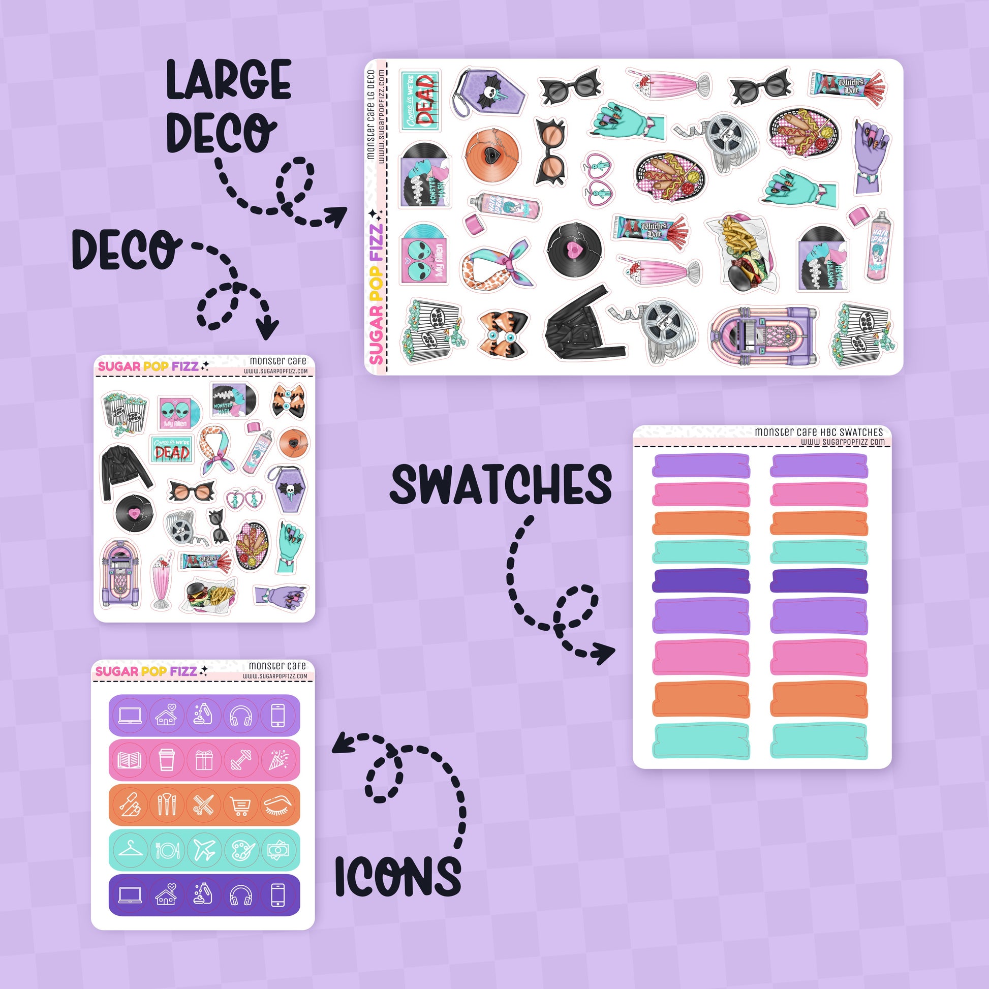 Collection of planner stickers with labels on a purple background
