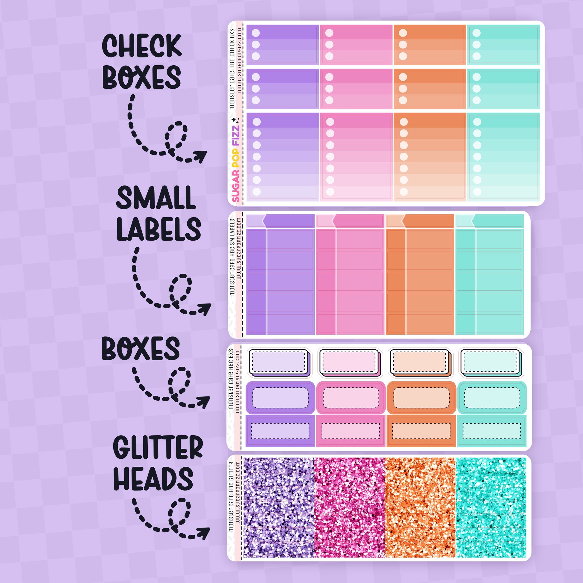 Collection of planner stickers with check boxes, small labels, boxes, and glitter heads on a purple background.