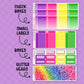 Colorful planner stickers with check boxes, small labels, boxes, and glitter heads on a purple background.