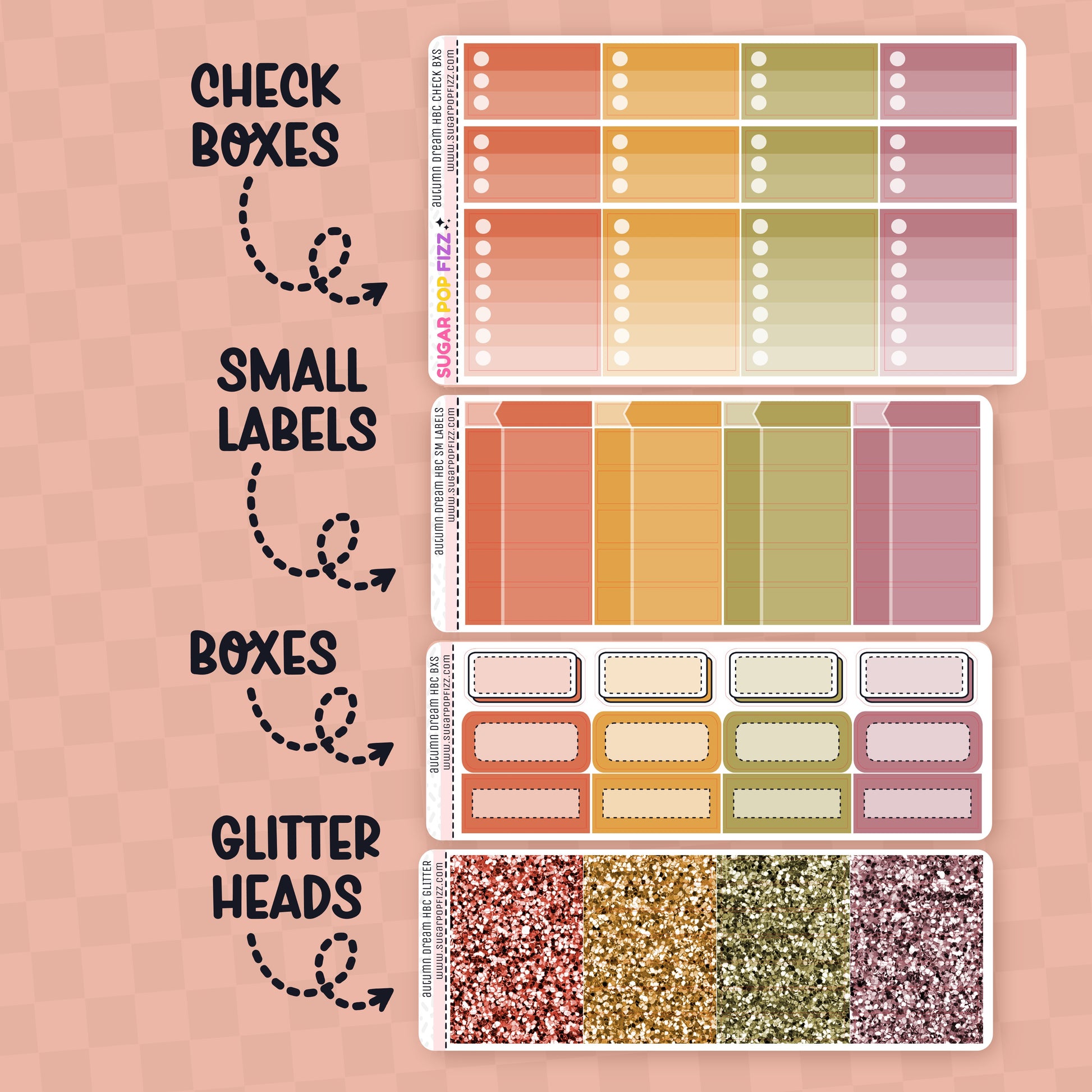 Collection of planner stickers with check boxes, small labels, boxes, and glitter heads on a pink background.