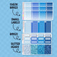 Collection of blue-themed planner stickers including check boxes, small labels, boxes, and glitter heads on a blue background.