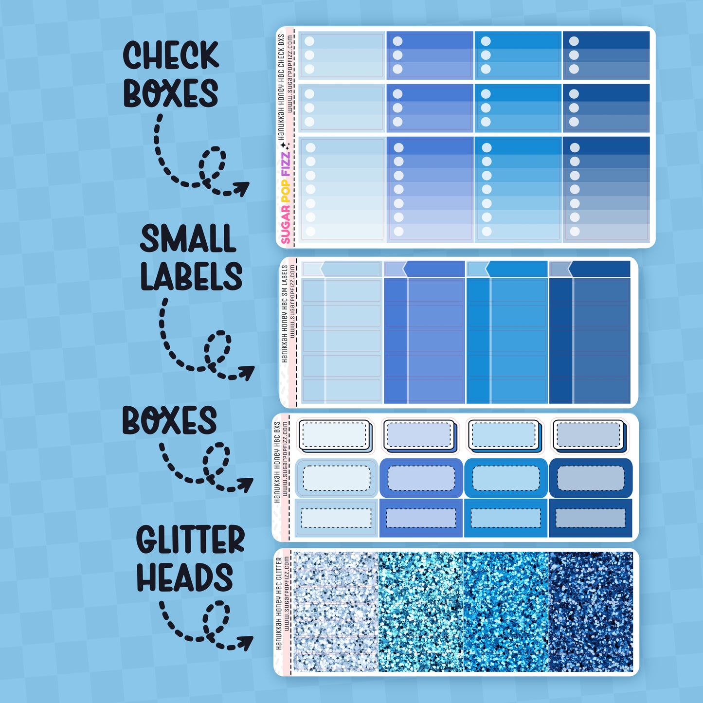 Collection of blue-themed planner stickers including check boxes, small labels, boxes, and glitter heads on a blue background.