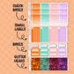 Set of colorful check boxes, small labels, boxes, and glitter heads on a peach background.