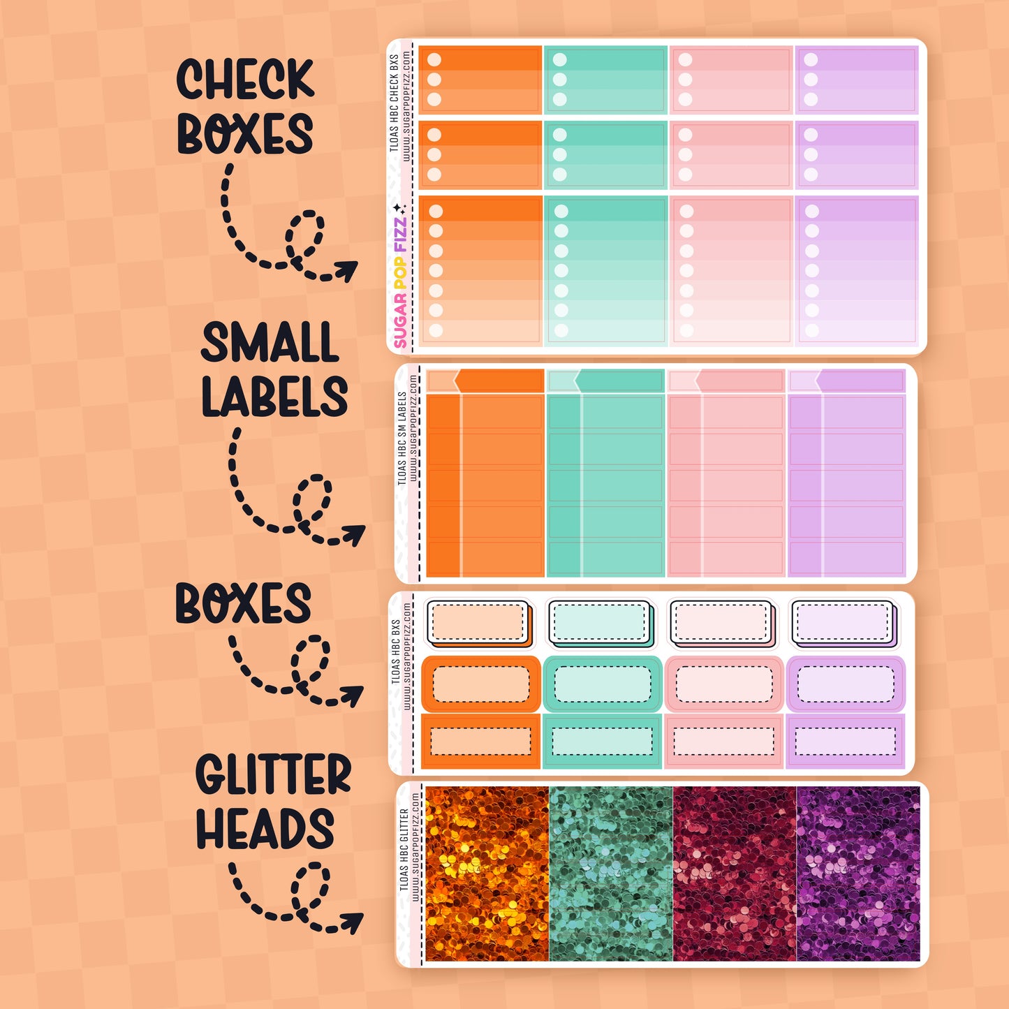 Set of colorful check boxes, small labels, boxes, and glitter heads on a peach background.