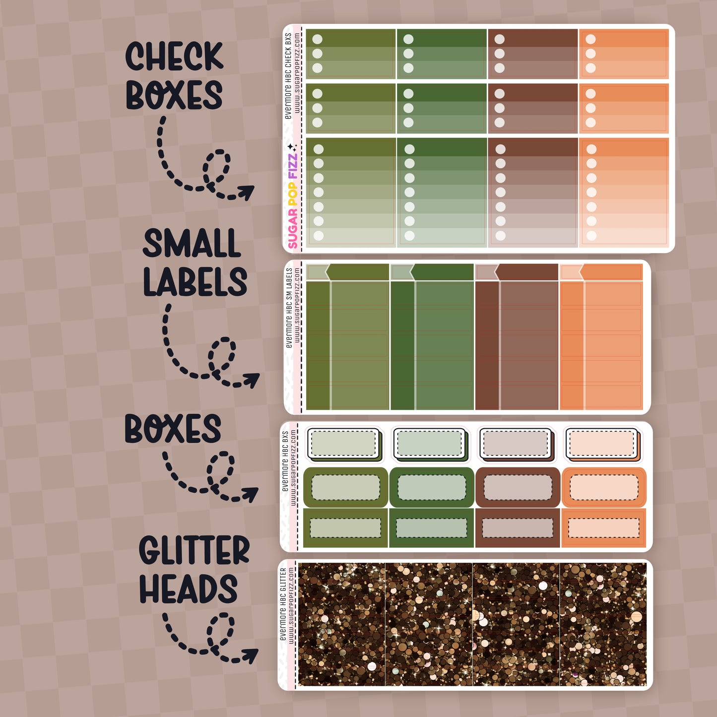 Collection of planner stickers with check boxes, small labels, boxes, and glitter headers on a brown background themed around taylor swift's evermore album.