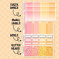 Set of planner stickers with check boxes, small labels, boxes, and glitter heads on a beige background.