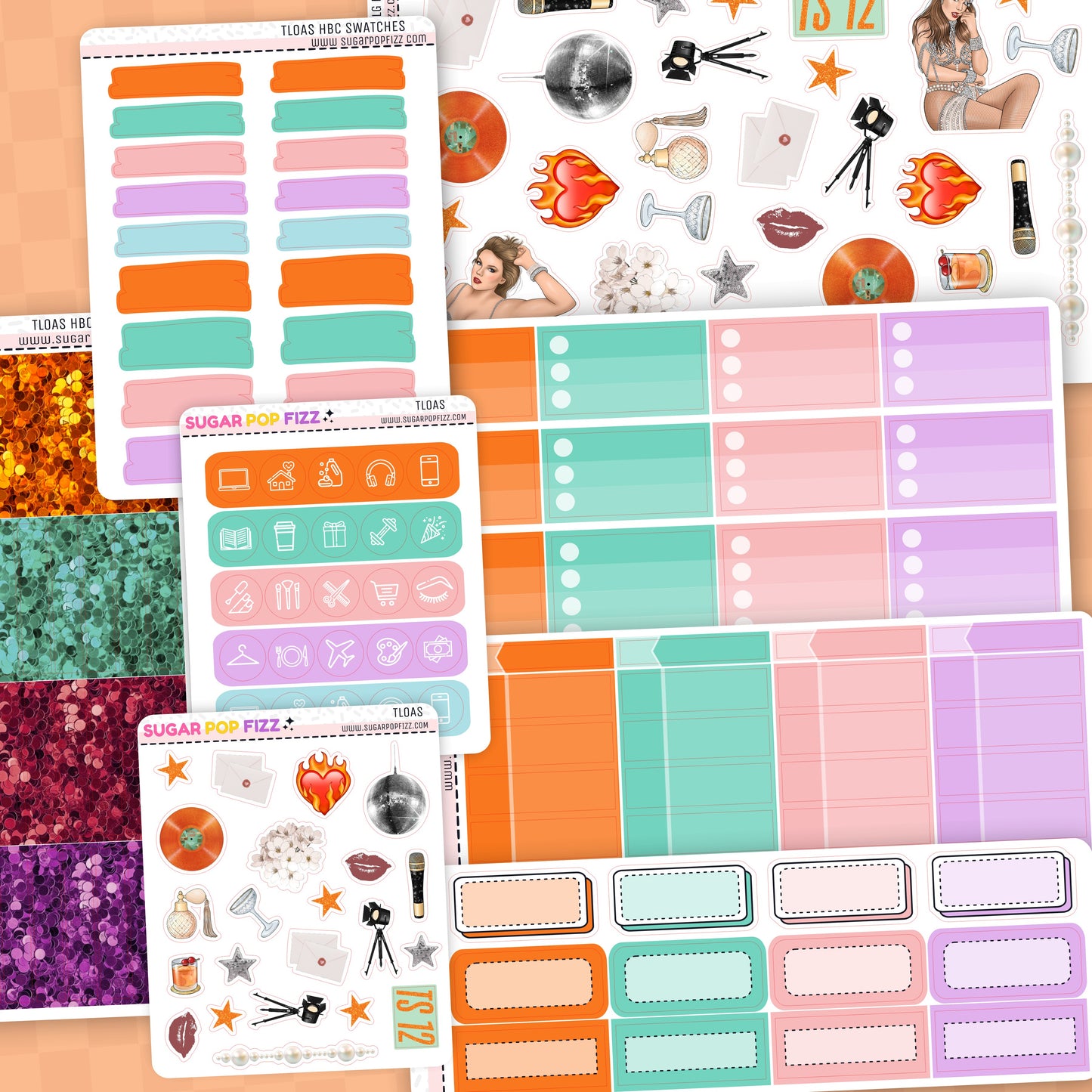 Collection of colorful planner stickers on a wooden surface