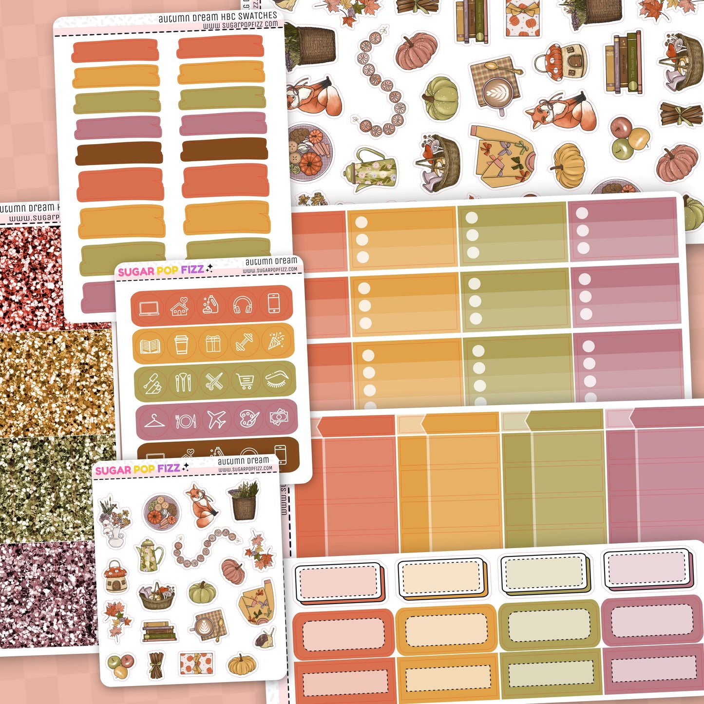 Collection of planner stickers with autumn-themed designs on a white background