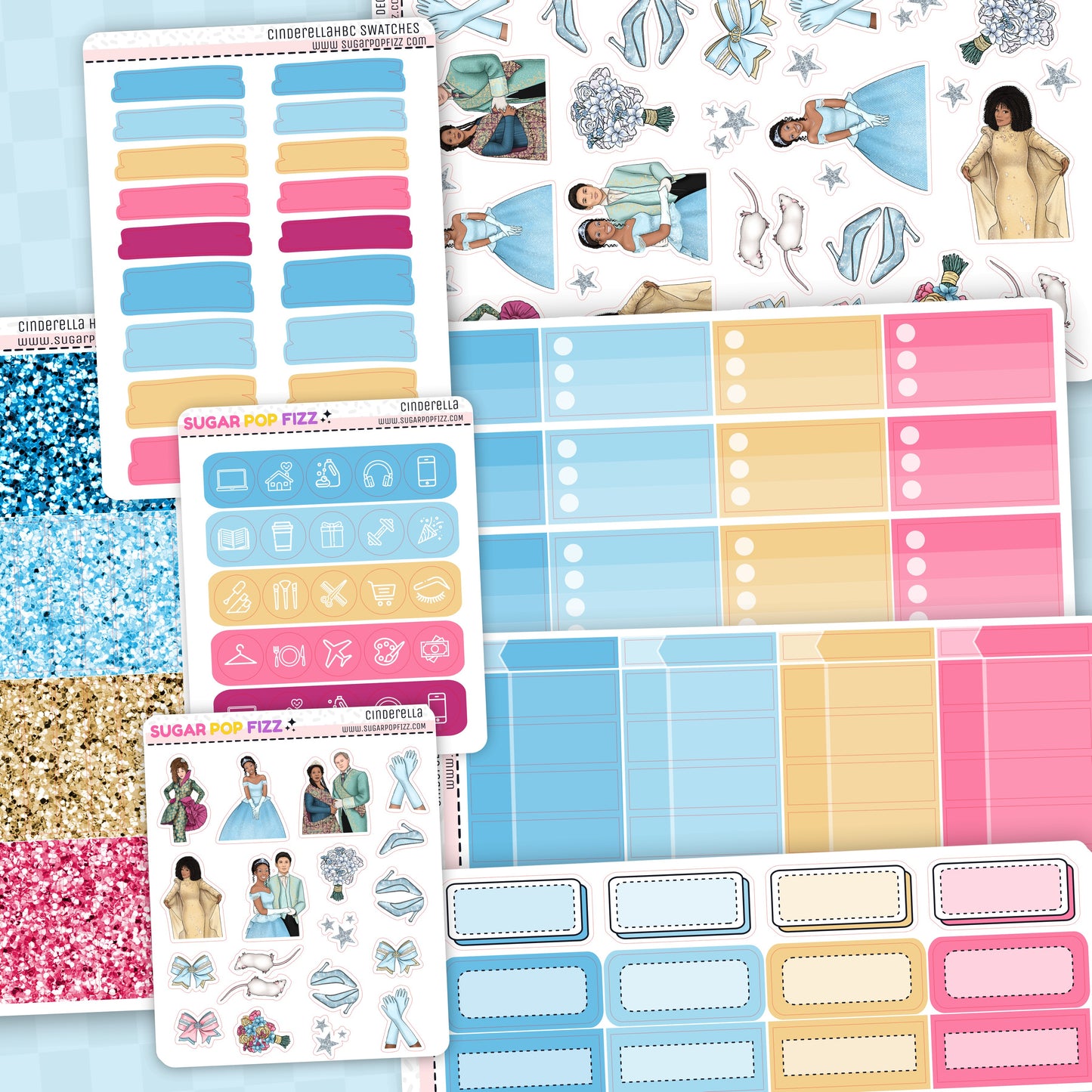 Collection of planner stickers with various designs and colors themed around the movie cinderella with brandy and whitney houston for the hobonichi cousin planner.