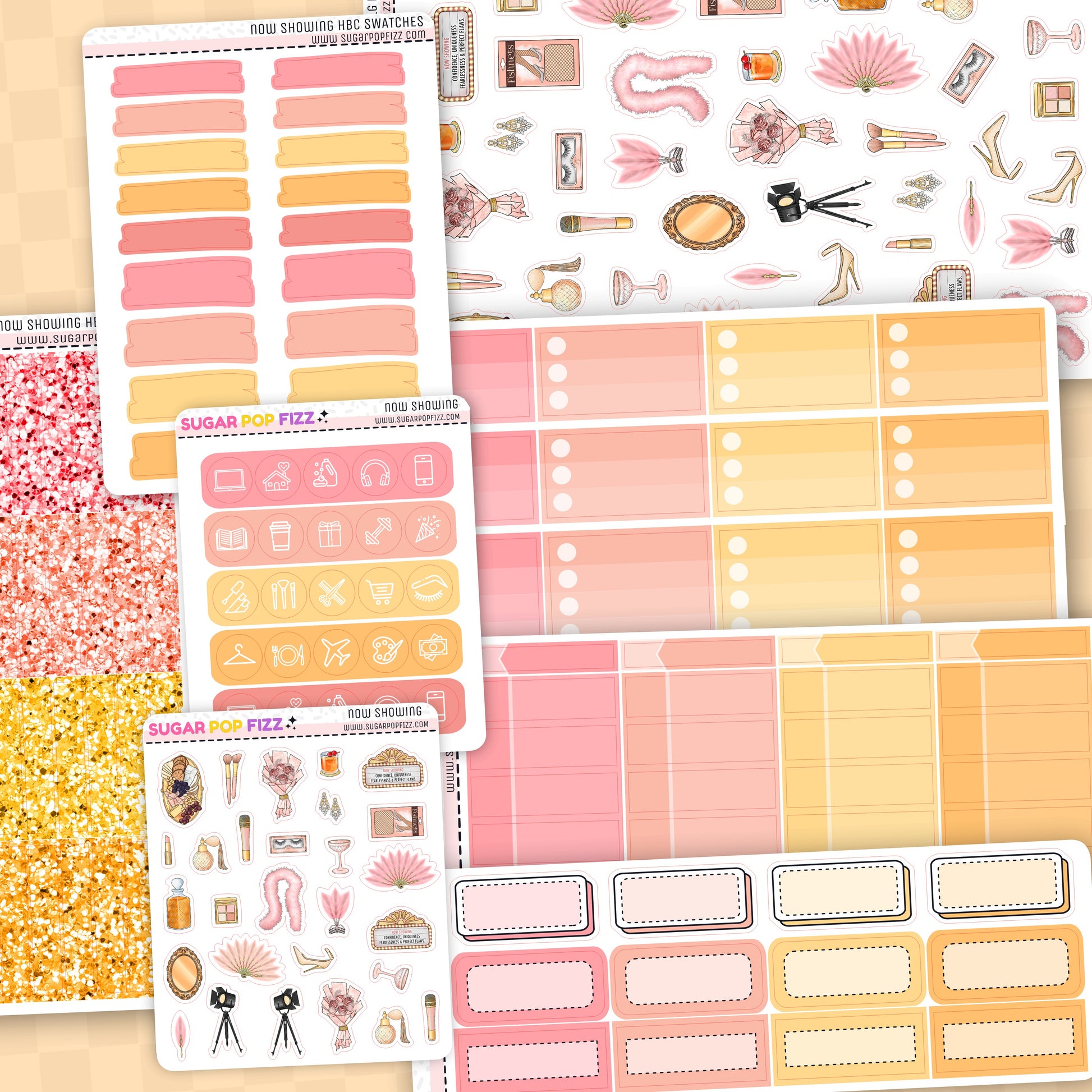 Collection of planner stickers with various designs and colors on a wooden surface.