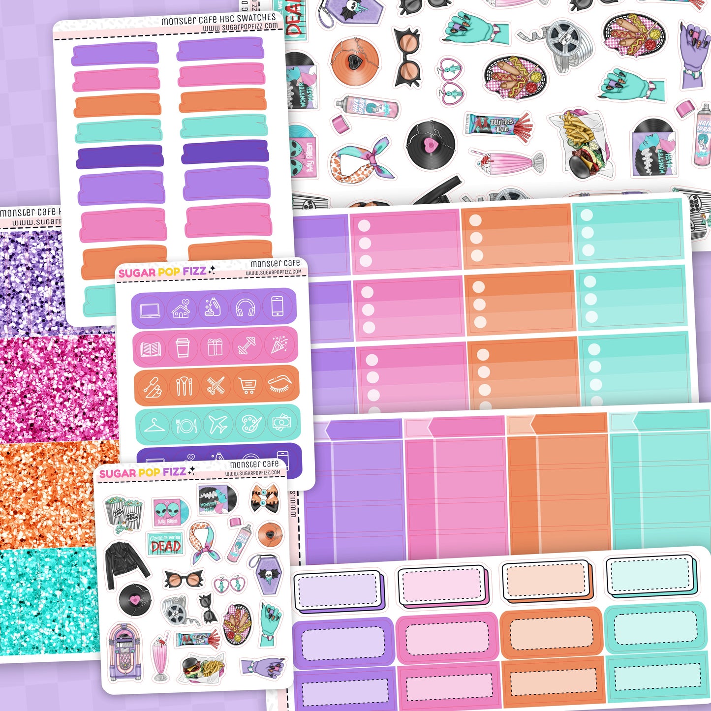 Collection of colorful planner stickers with various designs on a purple background.