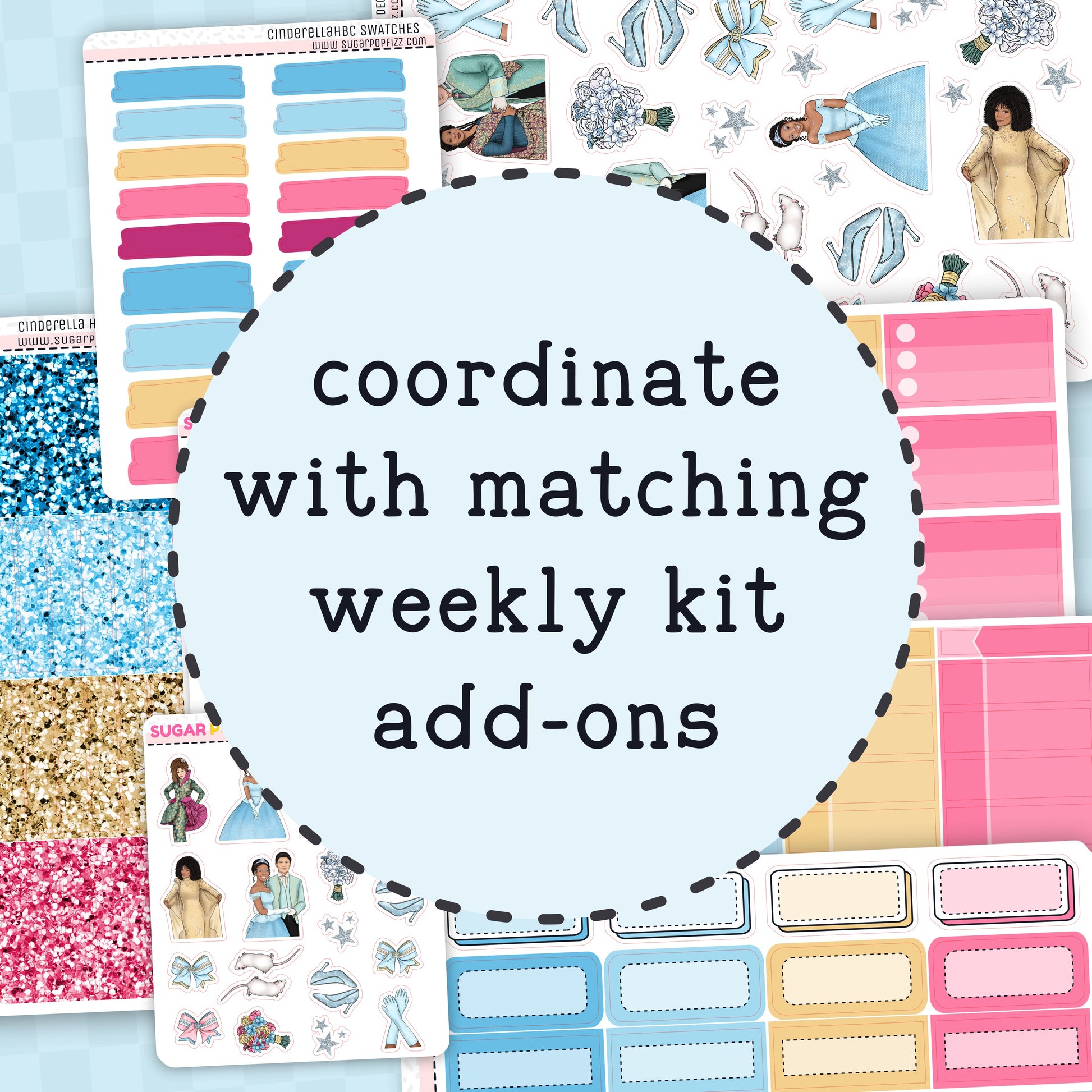 Collection of planner stickers with text 'coordinate with matching weekly kit add-ons' on a blue background.