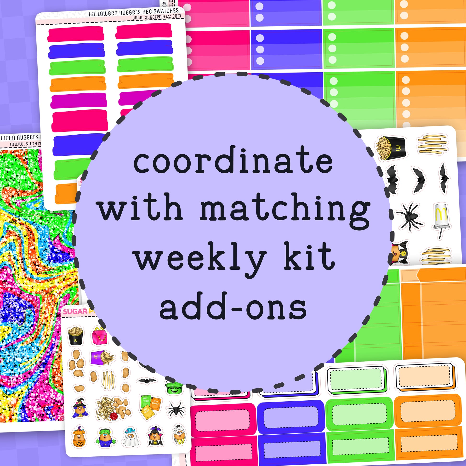 Colorful weekly planner stickers with text overlay on a purple background