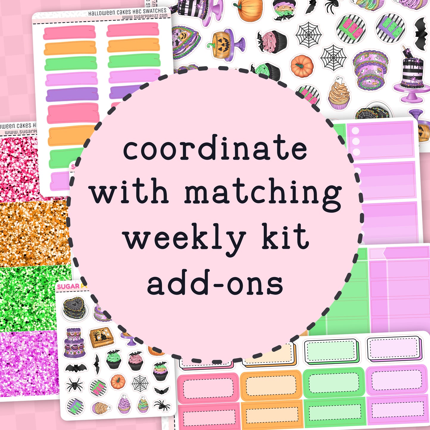 Sticker kit with various designs and text on a pink background
