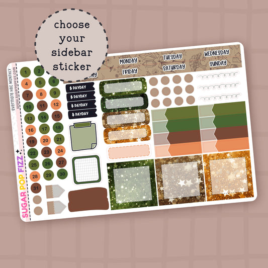 Planner stickers for the hobonichi cousin monthly section themed around taylor swift's evermore album. Greens, orange and browns. Includes days of the week stickers, boxes, date dot stickers and stickers that say "payday". 