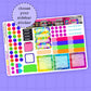 Colorful planner stickers on a purple background with text 'choose your sidebar sticker'.
