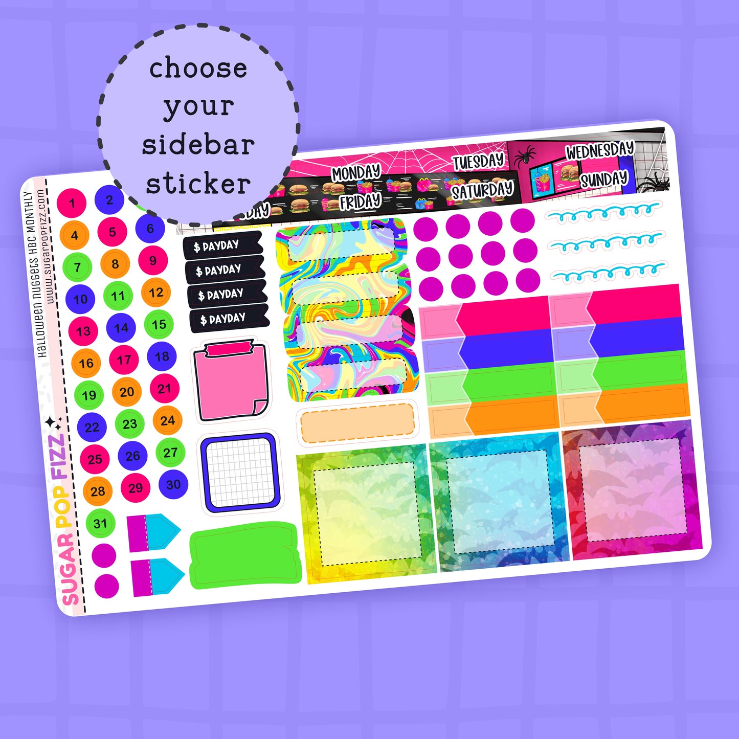 Colorful planner stickers on a purple background with text 'choose your sidebar sticker'.