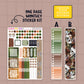 Planner stickers for the hobonichi cousin monthly section themed around taylor swift's evermore album. Greens, orange and browns. Includes days of the week stickers, boxes, date dot stickers and stickers that say "payday".  A Text box that states "choose your sidebar stickers". Sidebar sticker A is a series of 4 coordinating checklist and sidebar sticker B is a coordinating decorative sticker.