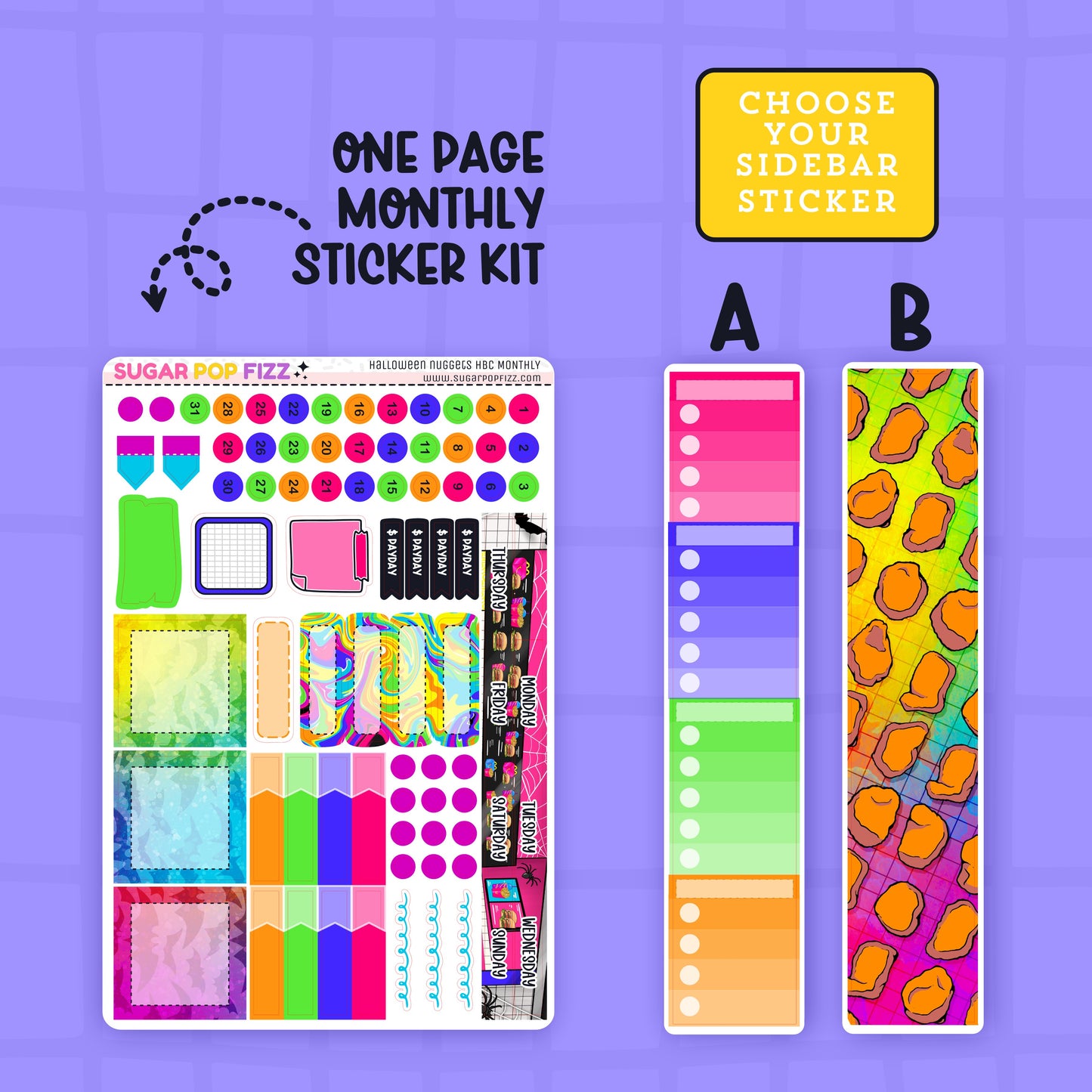 One page monthly sticker kit with colorful sidebar options on a purple background
