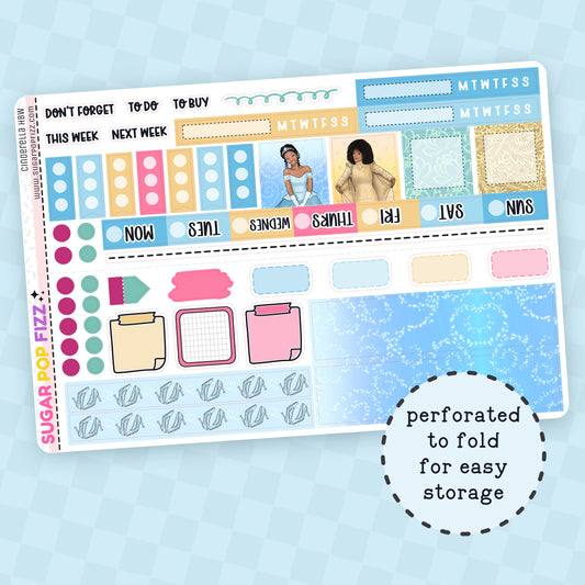 Planner stickers for the hobonichi weeks themed around the movie cinderella with brandy and whitney houston. Blues, yellow, pinks and green. Includes days of the week stickers, boxes, check list stickers and decorative coordinating washi sized sticker strips. 