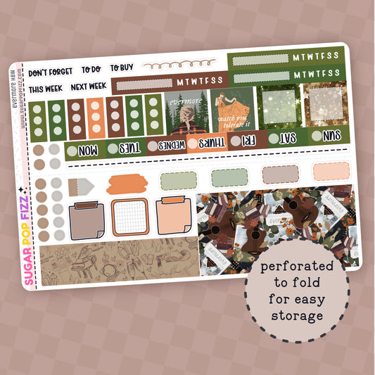 Planner stickers for the hobonichi weeks themed around taylor swift's evermore album. Greens, orange and browns. Includes days of the week stickers, boxes, check list stickers and decorative coordinating washi sized sticker strips. 