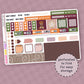 Sticker sheet with various designs and text on a purple background
