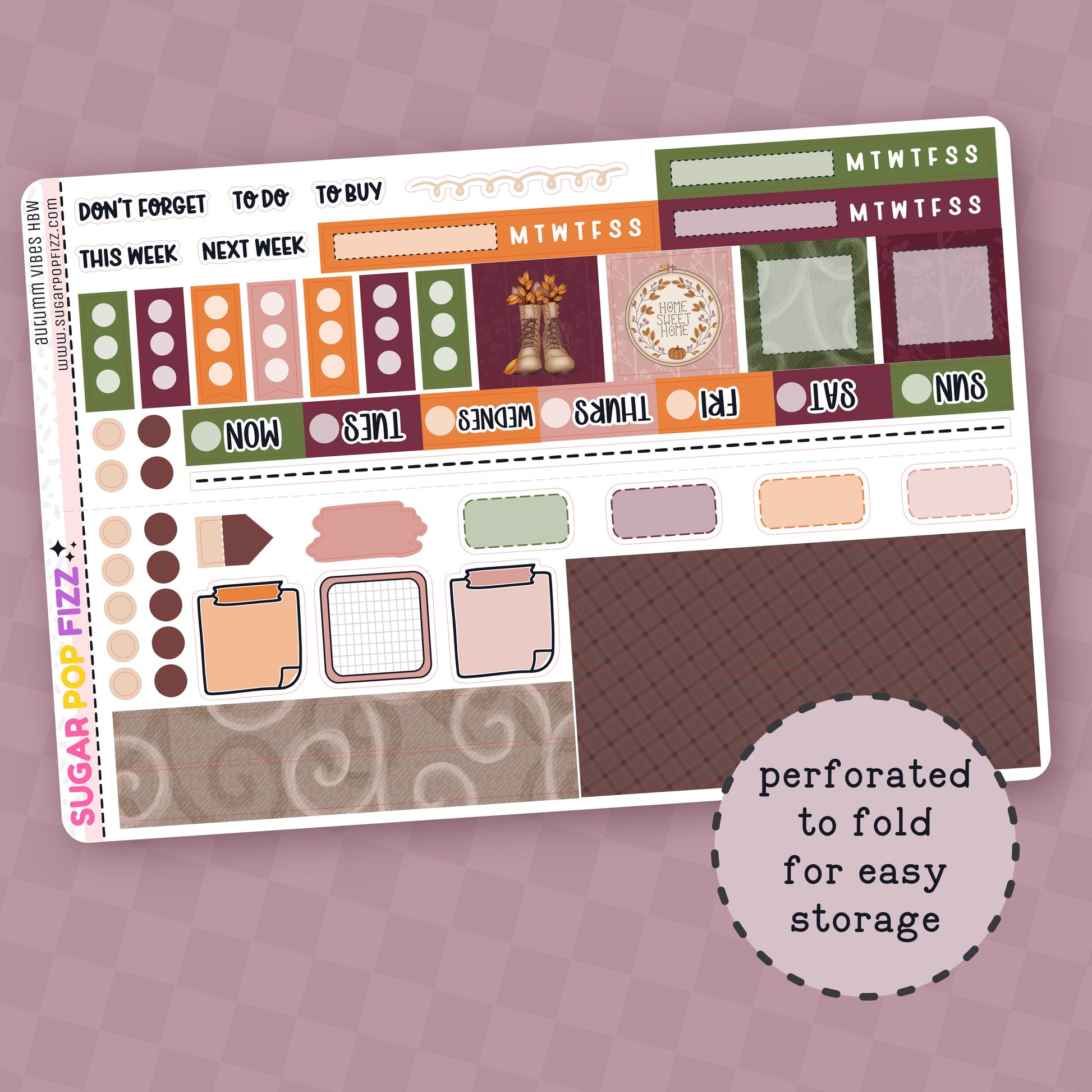 Sticker sheet with various designs and text on a purple background