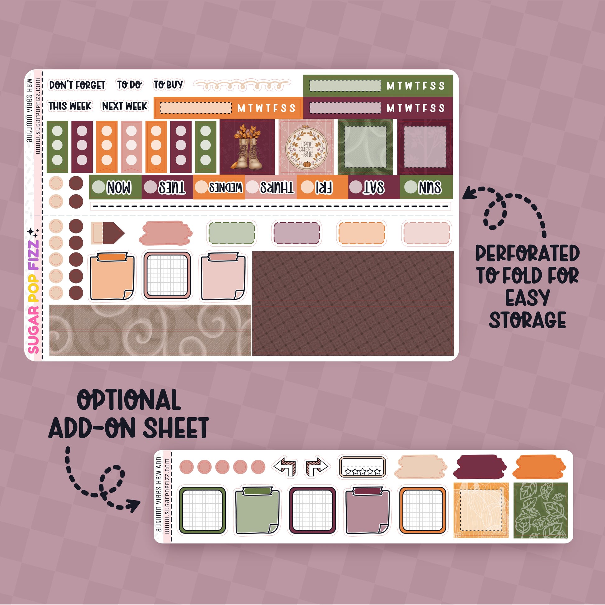 Sticker sheet with various design elements on a purple background